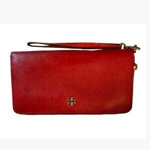 Tory Burch Round Zip Medium Continental Wallet in Red Saffiano Leather EUC